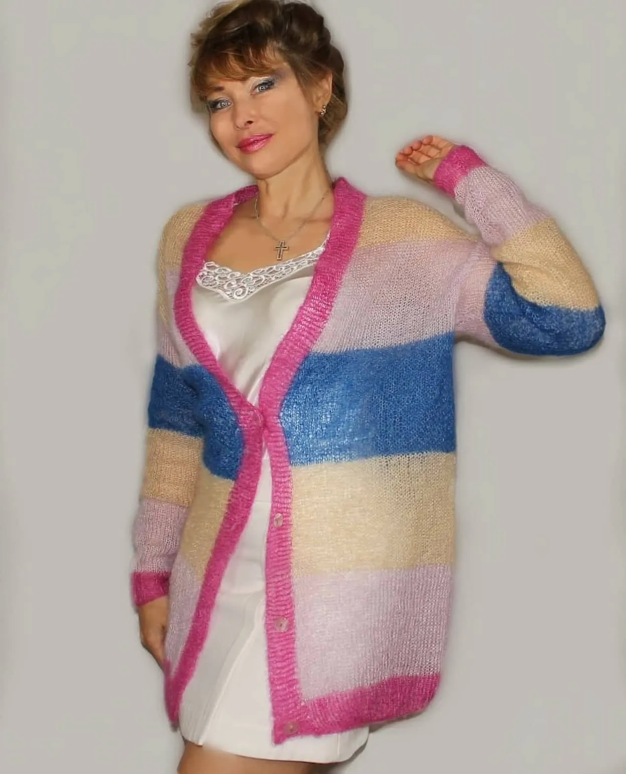 Multicolor Mohair Rainbow Mohair Boho Chic Oversized Cardigan