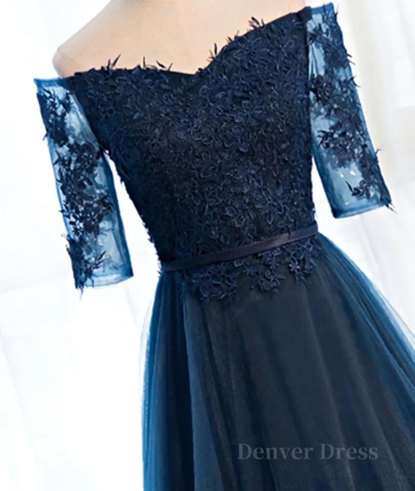 Navy Blue Half Sleeves Lace Long Prom Dresses Navy Blue Lace Formal Dresses