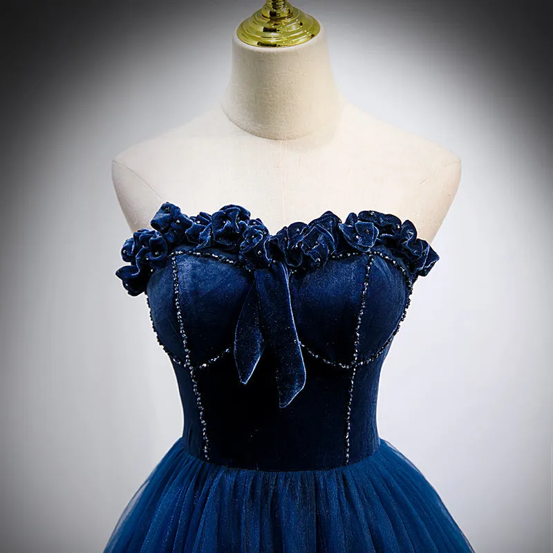 Navy Blue Velvet Top and Tulle Long Formal Dress, Blue Sweetheart Prom Dress