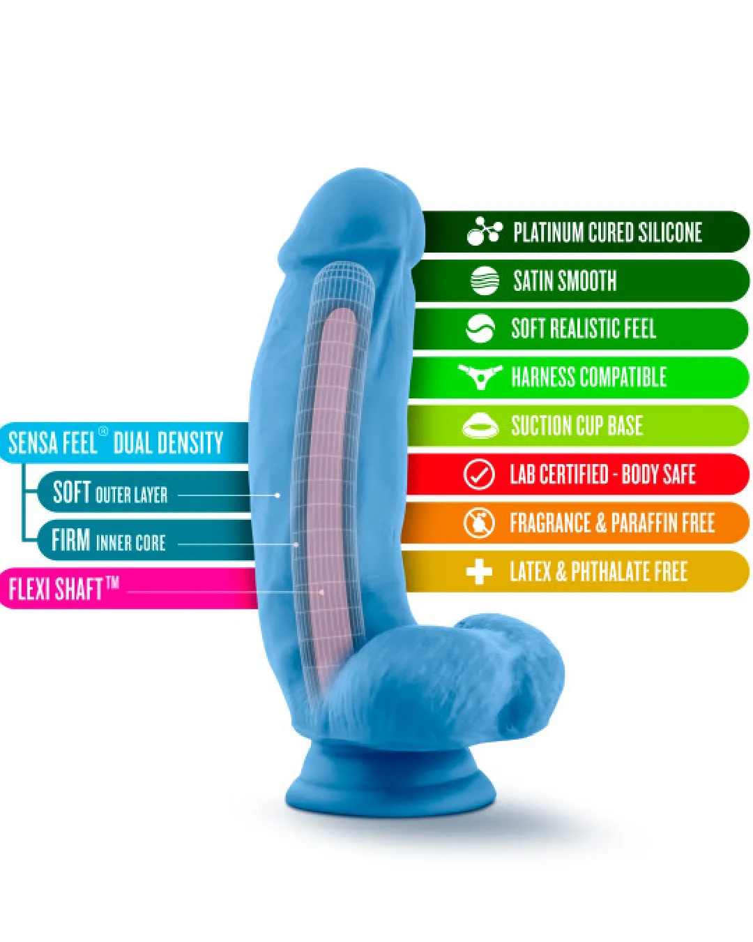 Neo Elite 7 Inch Dual Density Silicone Dildo with Balls by Blush - Neon Blue