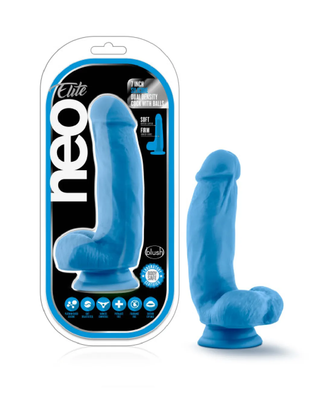 Neo Elite 7 Inch Dual Density Silicone Dildo with Balls by Blush - Neon Blue