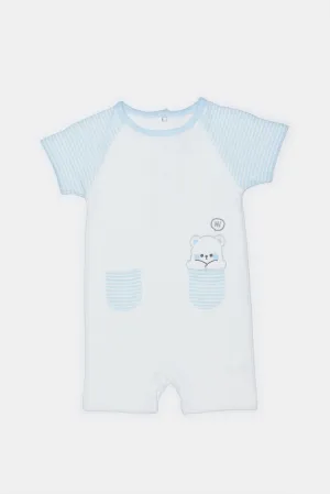 Newborn White And Blue Romper suit With Pockets