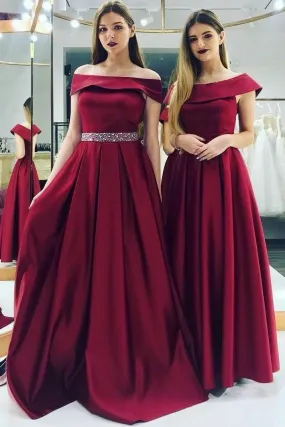 Off Shoulder Burgundy Evening Dress Beaded Belt