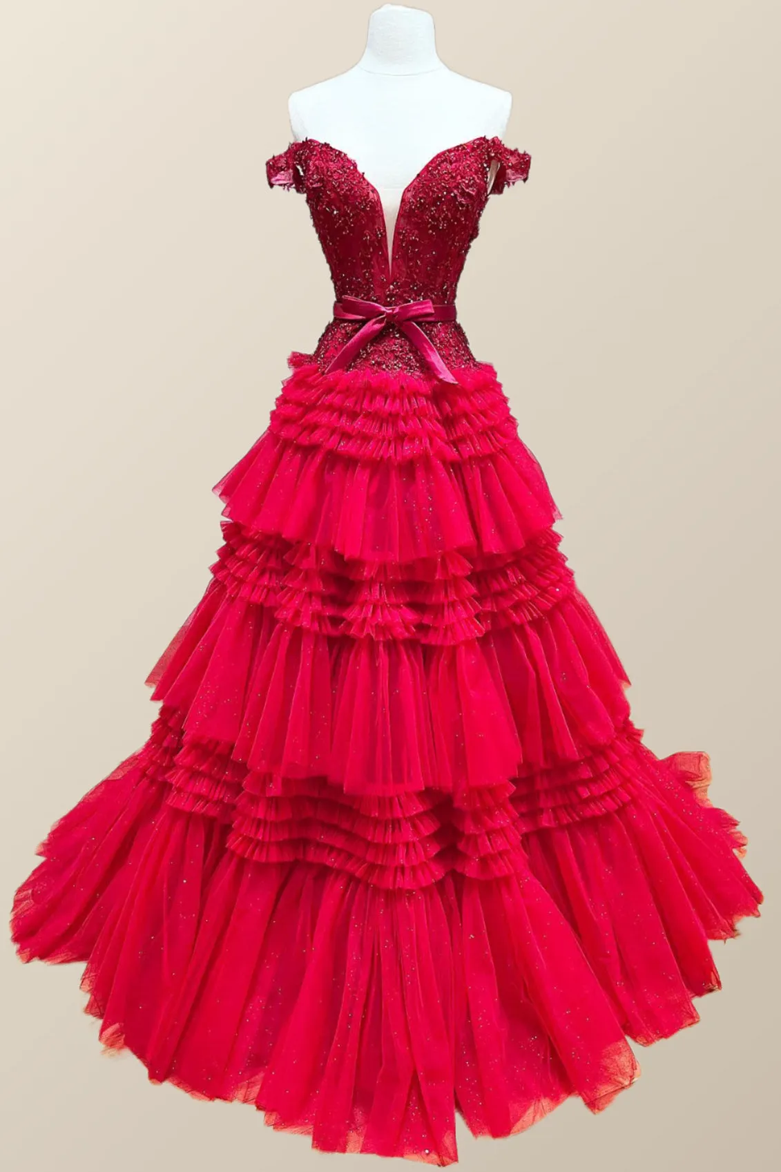 Off the Shoulder Red Appliques Tiered Long Formal Dress