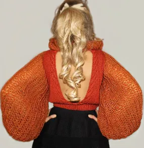 Open back Wool Fuzzy Mohair sweater with puffy sleeves