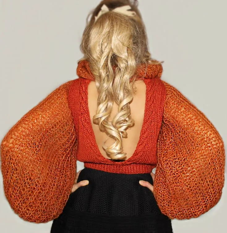 Open back Wool Fuzzy Mohair sweater with puffy sleeves