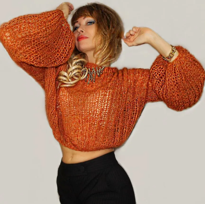 Orange Mohair Cropped Short Bohemian sweater with Puffy sleeves