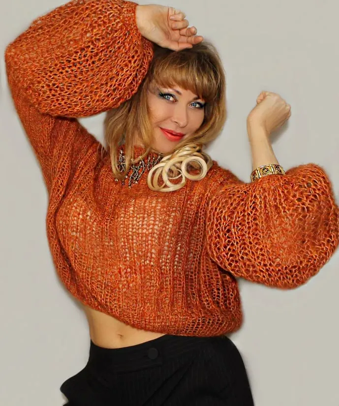 Orange Mohair Cropped Short Bohemian sweater with Puffy sleeves