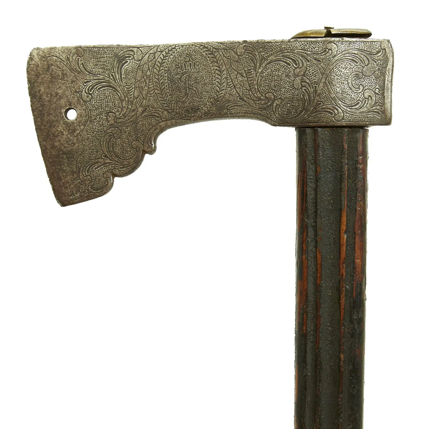 Original Early German Axe with Heavily Engraved Head & Original Haft from the Stephan Mautner Collection