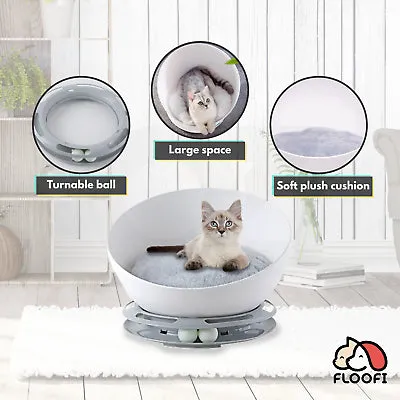 Orthopedic Faux Fur Cat Bed with Turntable Toy - Floofi