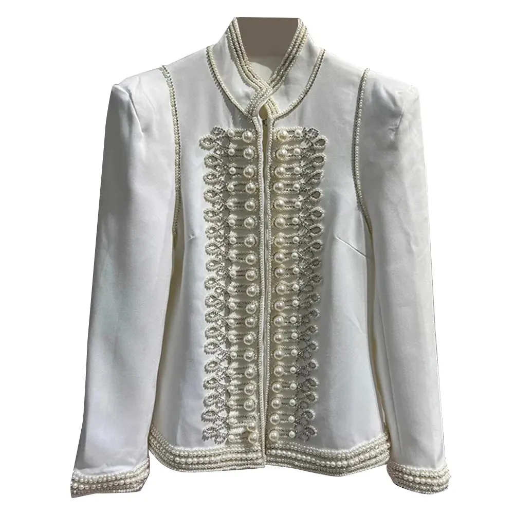 Patchwork Pearls Offic Lady Blazers For Women Stand Collar Long Sleeve Slimming Designer Blazer Female Fashion