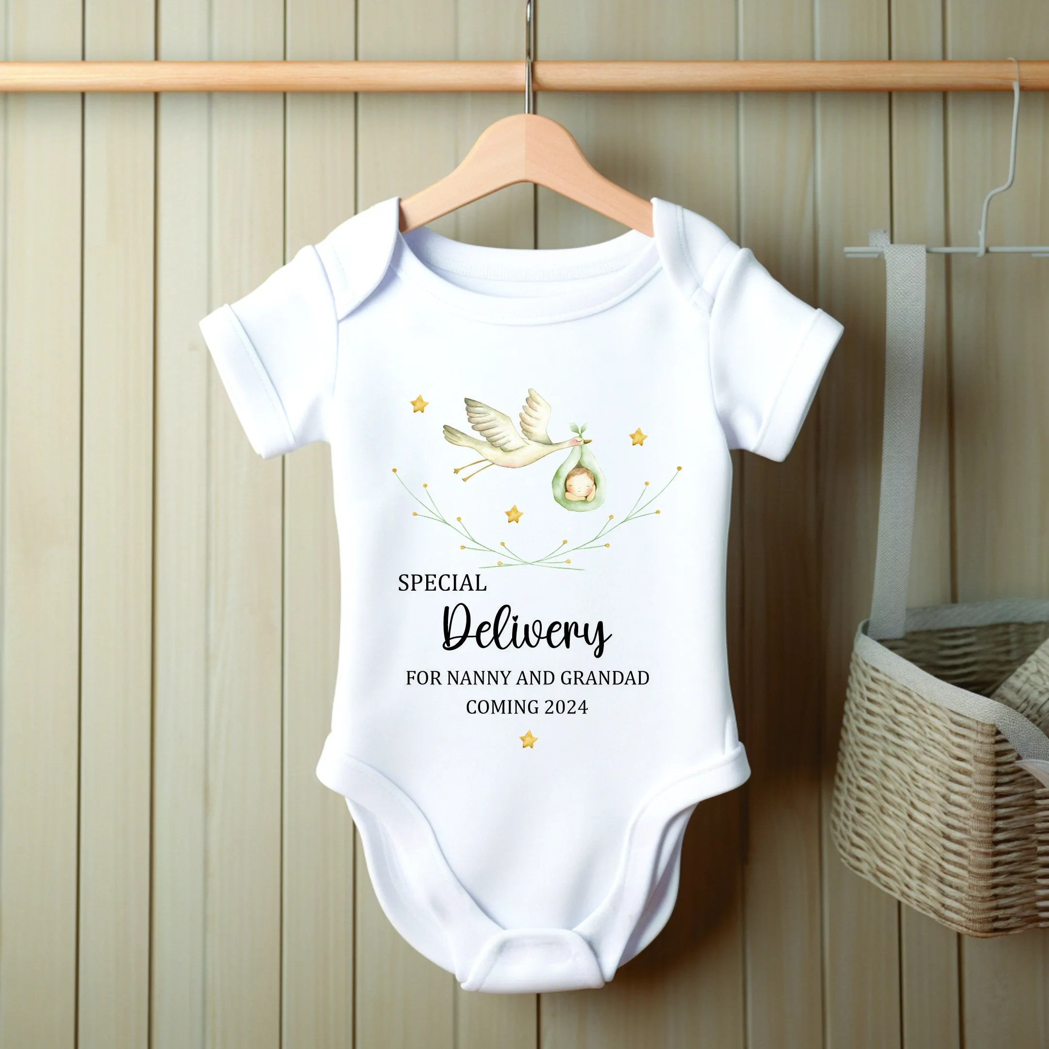 Personalised Special Delivery Stork Baby Announcement Vest/Romper - Grandparents