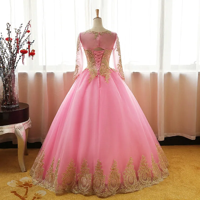 Pink Long Sleeves Tulle Round Neckline Sweet 16 Dresses, Pink Formal Gown