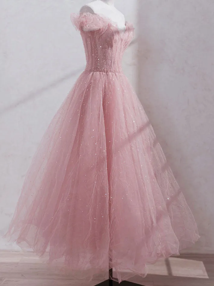 Pink Off Shoulder Tulle Tea Length Prom Dress, Tulle Formal Dress