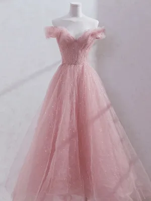 Pink Off Shoulder Tulle Tea Length Prom Dress, Tulle Formal Dress