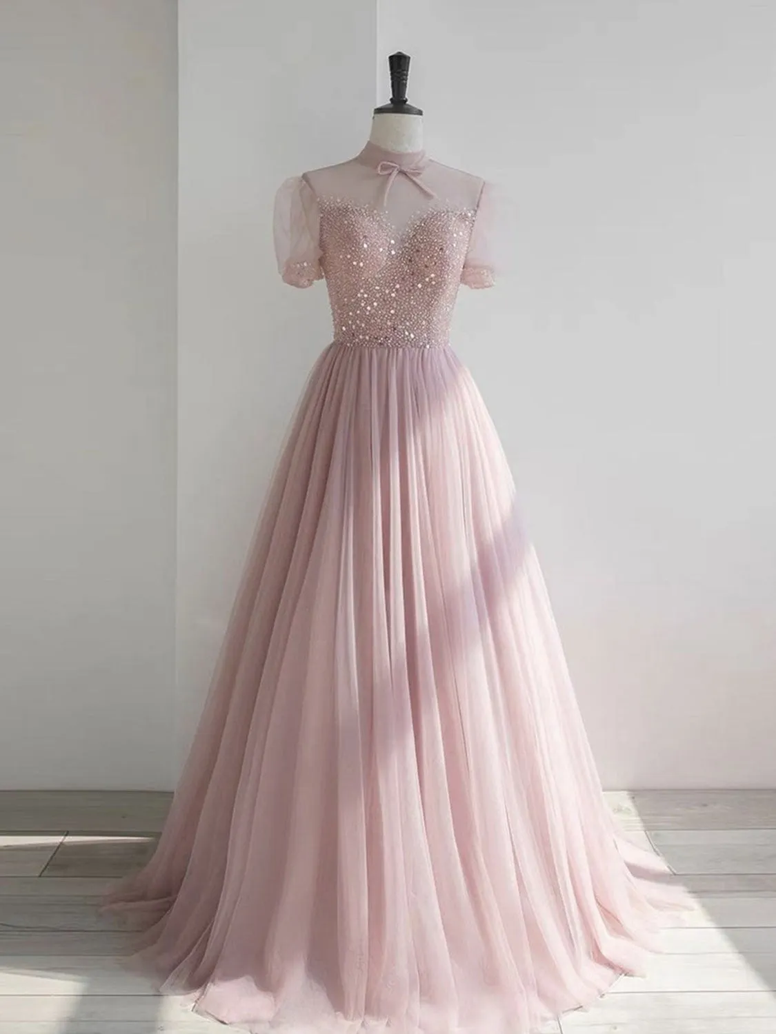 Pink round neck tulle sequin long prom dress pink tulle formal dress