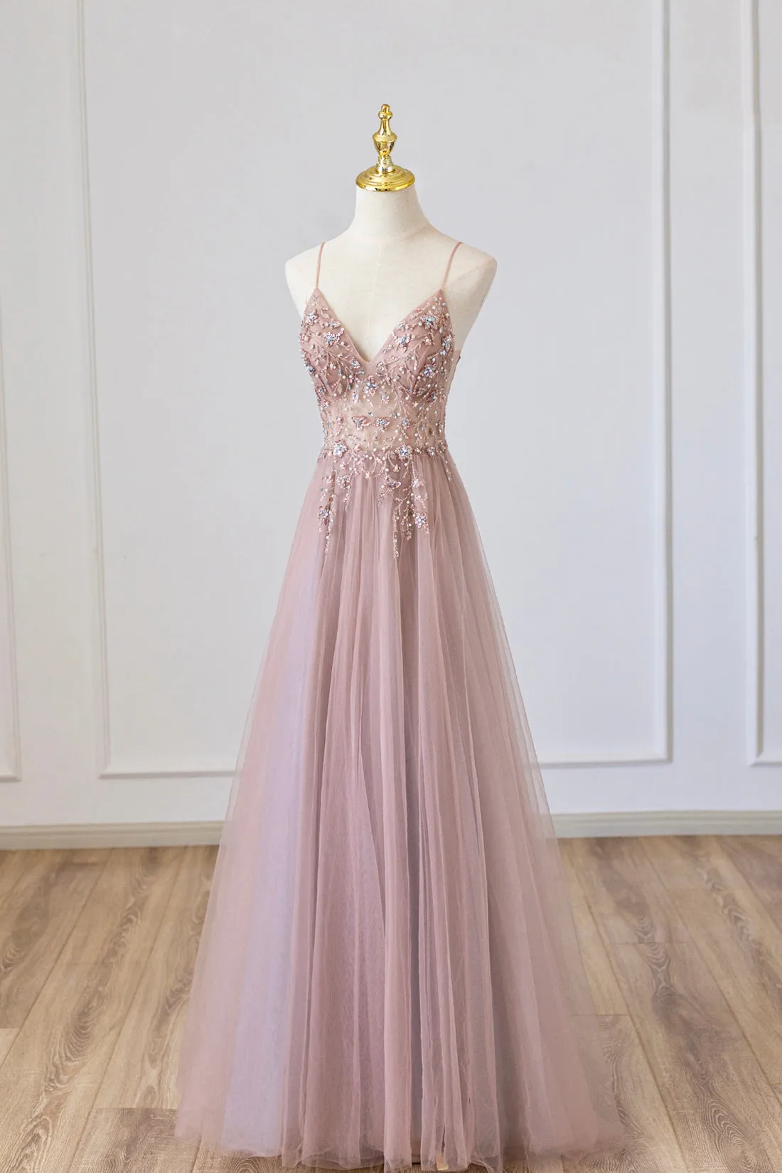 Pink Tulle Long A-Line Prom Dress Pink Spaghetti Formal Dress with Beaded