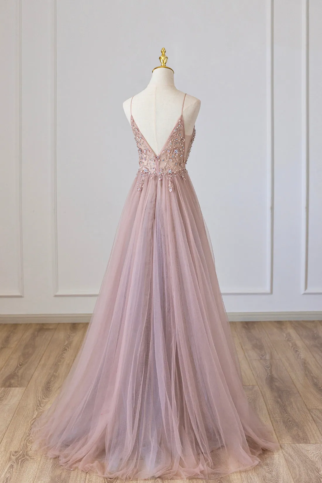 Pink Tulle Long A-Line Prom Dress Pink Spaghetti Formal Dress with Beaded