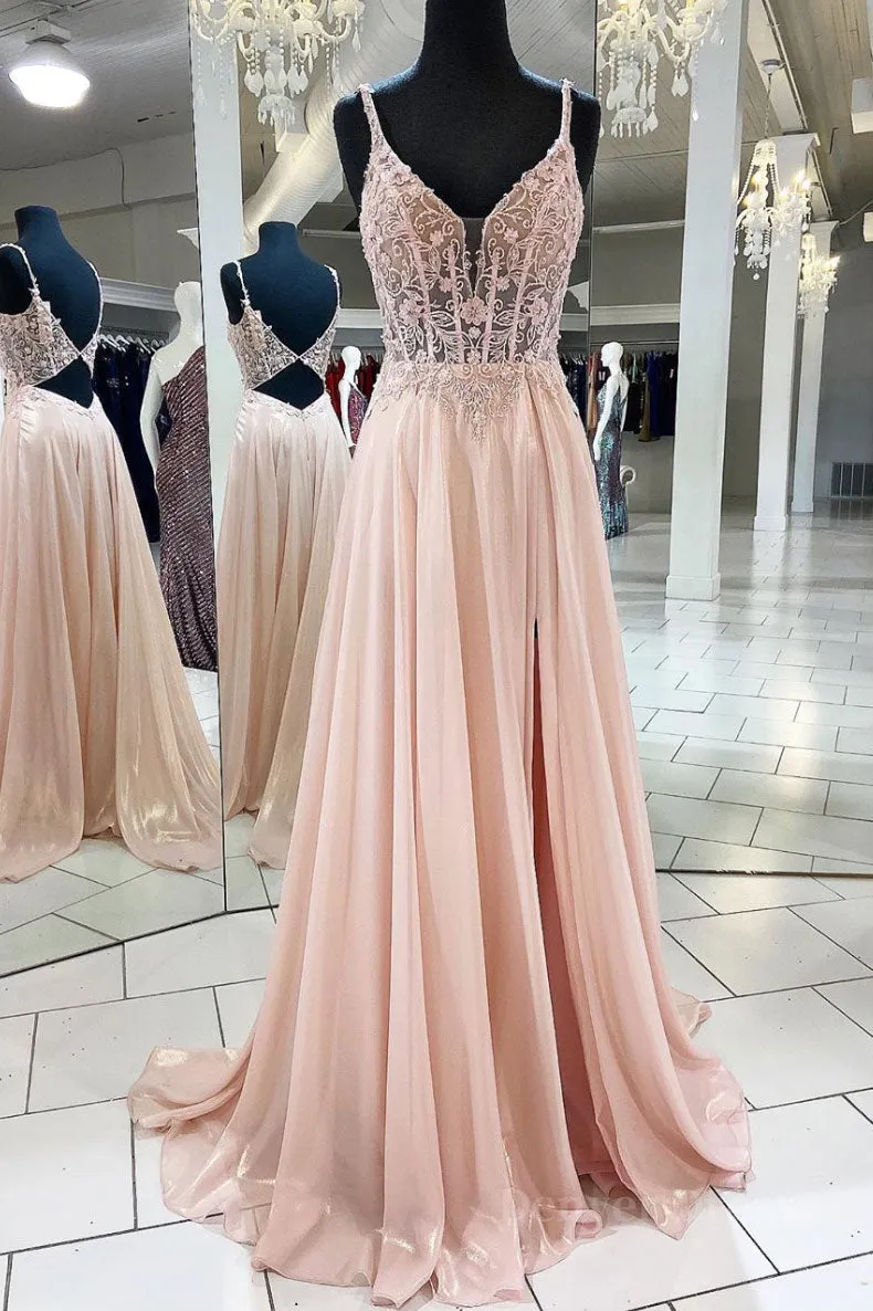 Pink v neck lace chiffon long prom dress pink formal dress