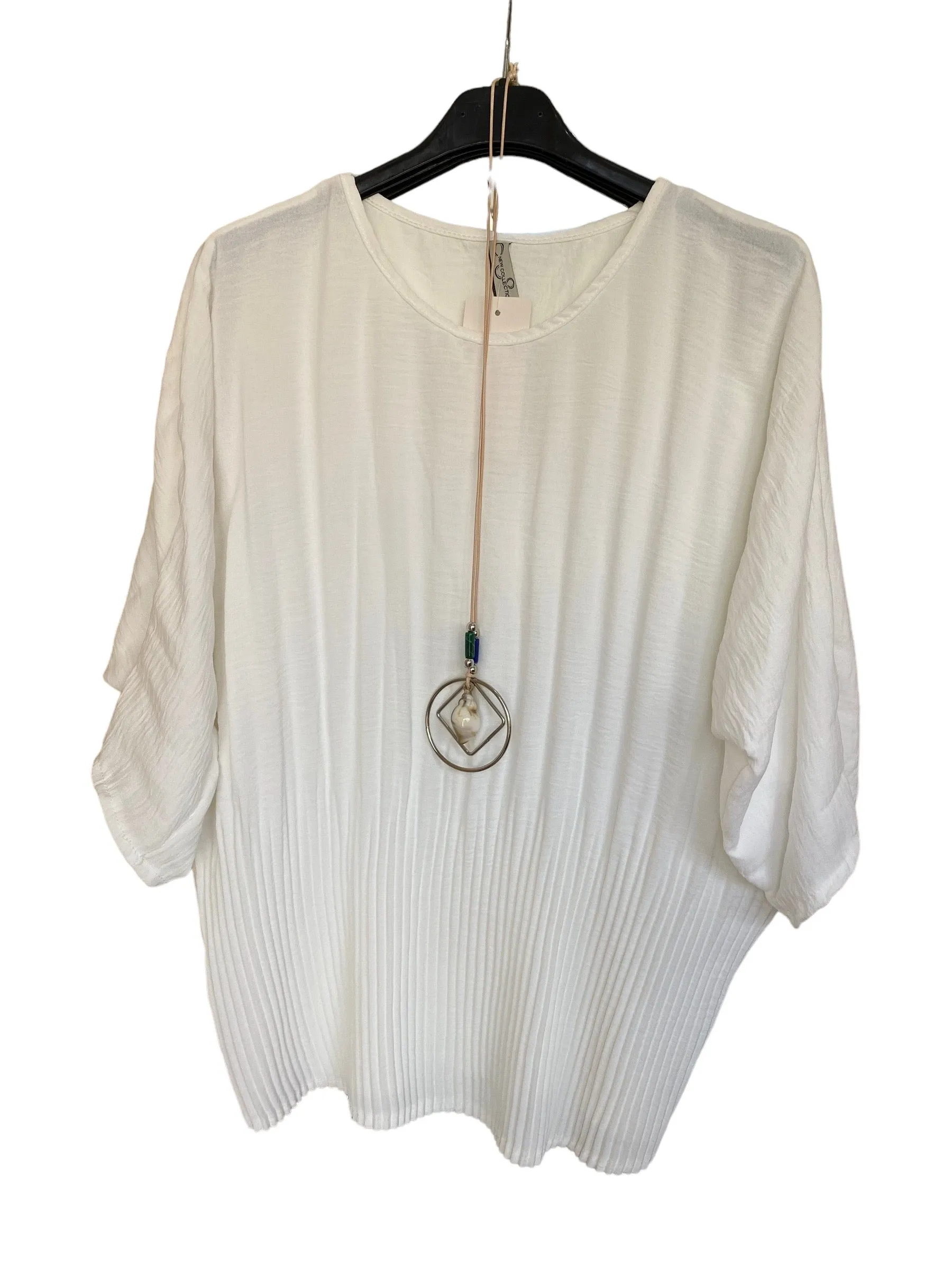 Plain Round Neck Pleated Top With Necklace (8 Colours)