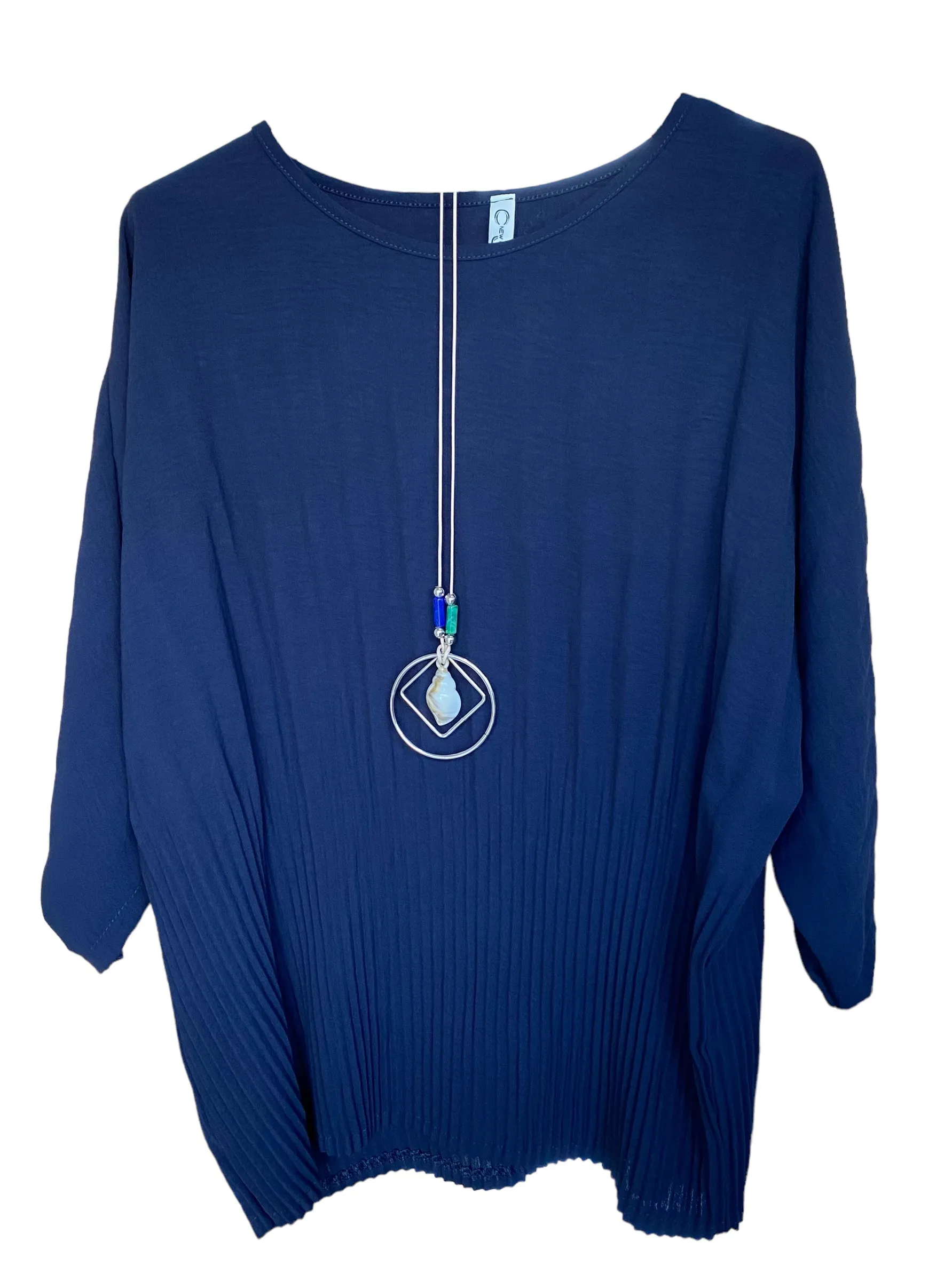 Plain Round Neck Pleated Top With Necklace (8 Colours)