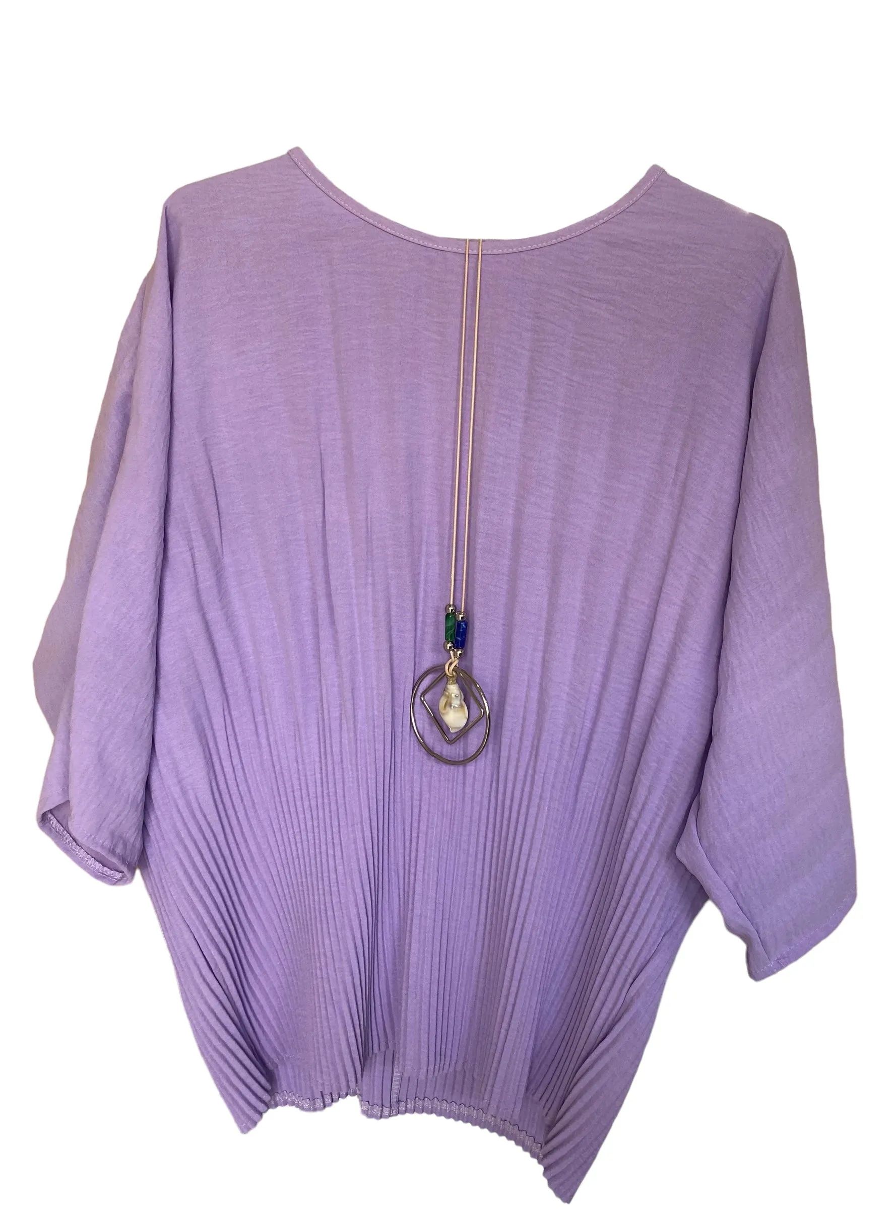 Plain Round Neck Pleated Top With Necklace (8 Colours)