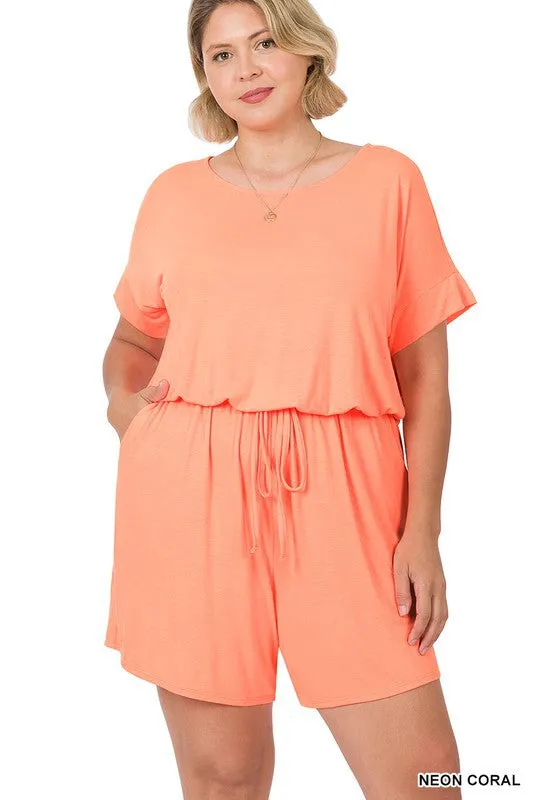 Plus Romper with Elastic Waist & Back Keyhole Opening