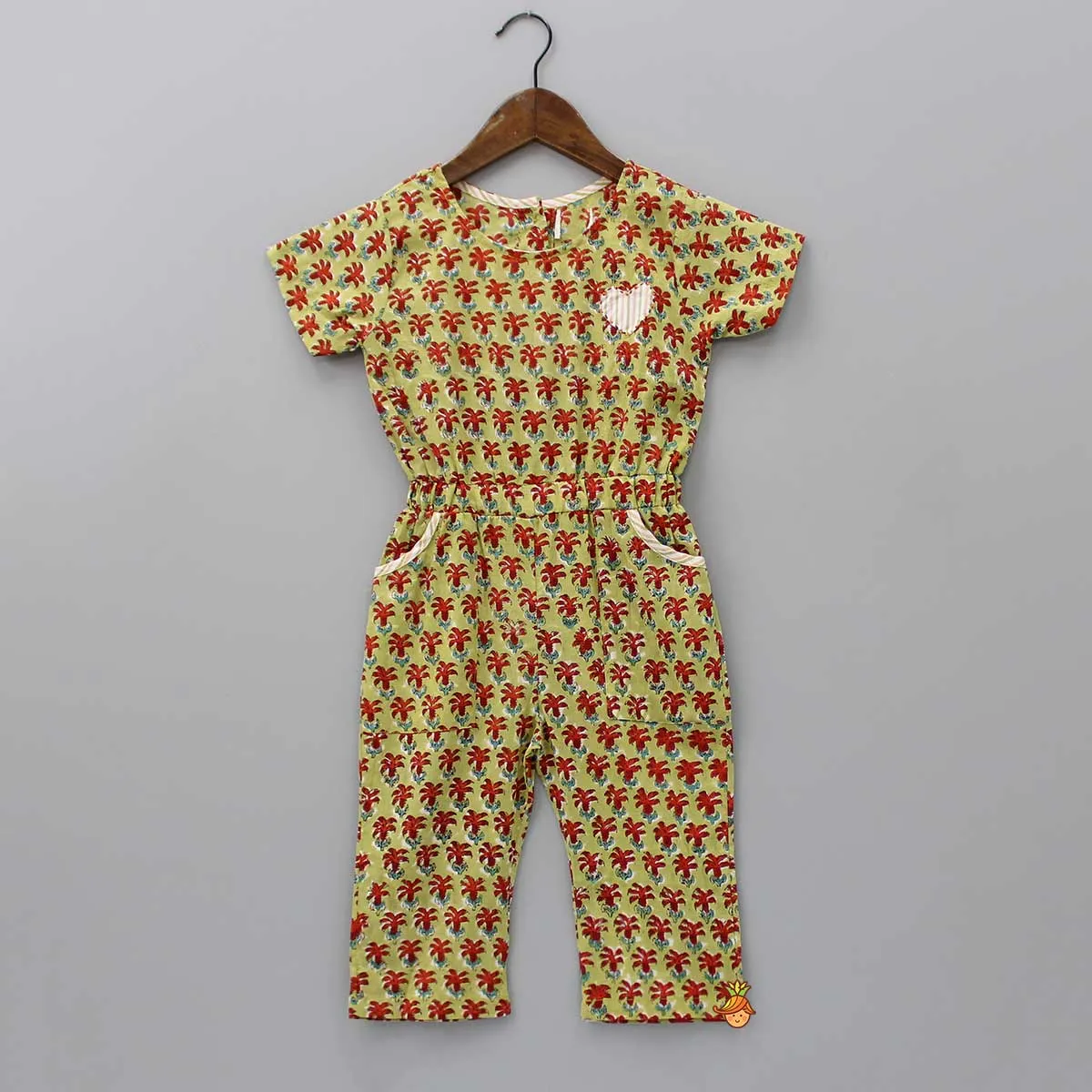 Pre Order: Hand Block Printed And Heart Patch Detailed Jumpsuit