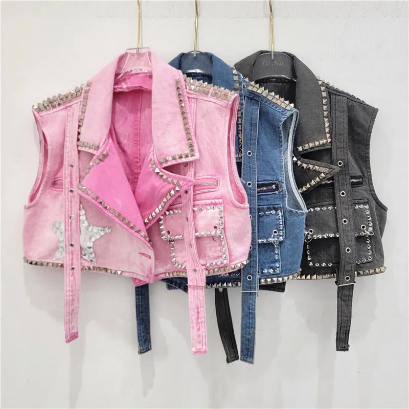 Pre Order: Rivet Studded Five Pointed Star Denim Vest