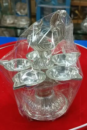 Pure Silver 5 Flame Diya with Peacock Design Showpiece on Top of Diya for Home Temple, Silver Gift Items, Silver Diya for Pooja - 75 Gram