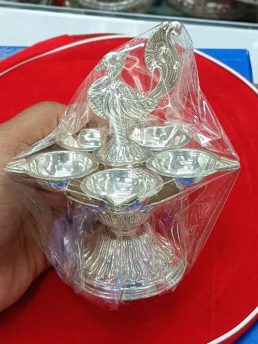 Pure Silver 5 Flame Diya with Peacock Design Showpiece on Top of Diya for Home Temple, Silver Gift Items, Silver Diya for Pooja - 75 Gram