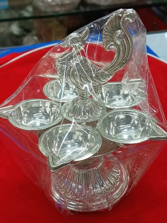 Pure Silver 5 Flame Diya with Peacock Design Showpiece on Top of Diya for Home Temple, Silver Gift Items, Silver Diya for Pooja - 75 Gram