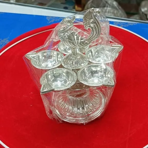 Pure Silver 5 Flame Diya with Peacock Design Showpiece on Top of Diya for Home Temple, Silver Gift Items, Silver Diya for Pooja - 75 Gram