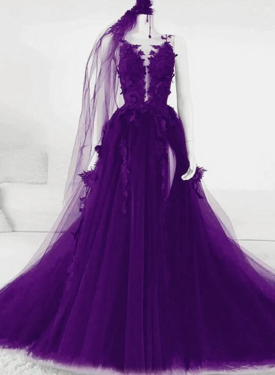 Purple Tulle With Lace Applique Long Party Dress A-Line Tulle Formal Dress