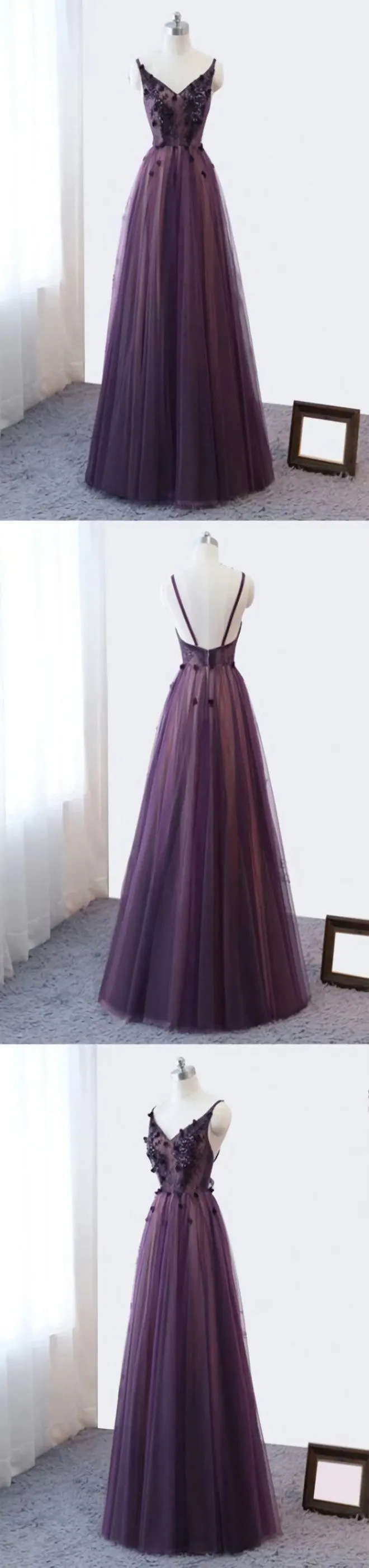 Purple V-neckline Tulle Lace Applique Party Dress Purple Formal Dress Prom Dress