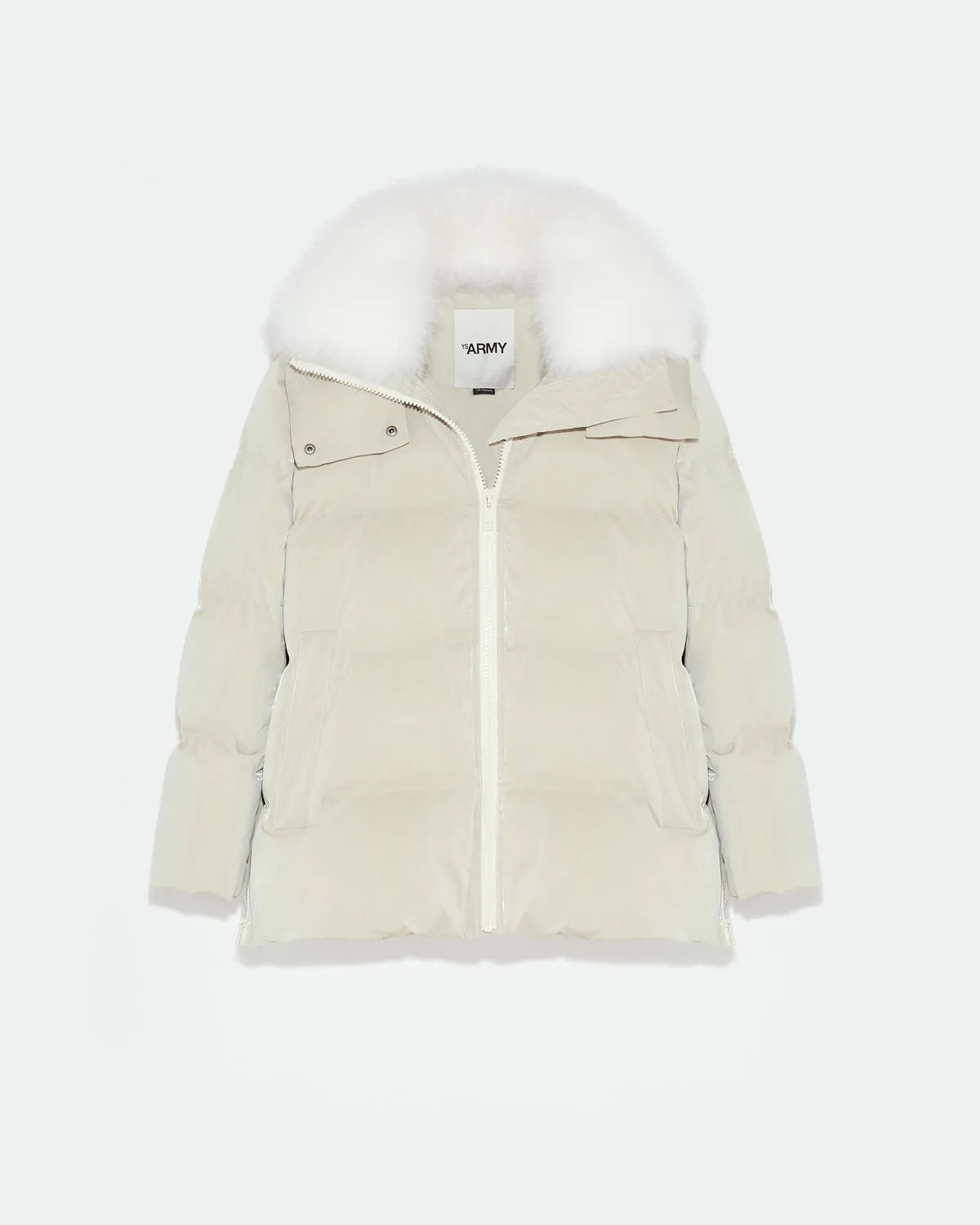 "A" line down jacket in icy water-repellent technical fabric with collar trim in fluffy lambswool