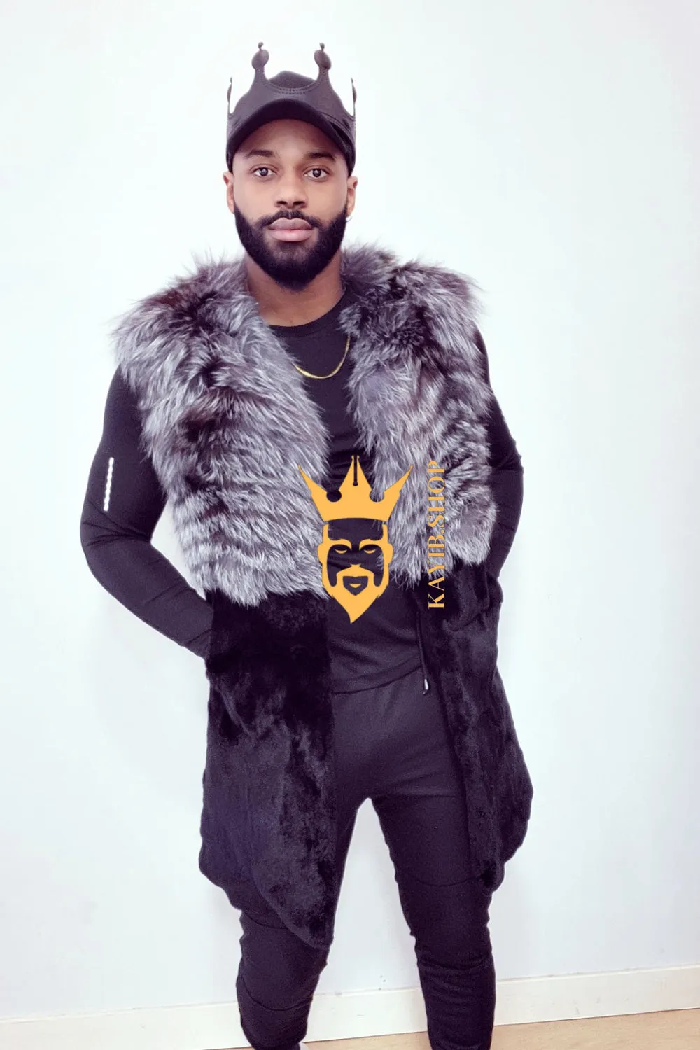 Real Mink Fur long Sleeveless Coat with Silver Fox Fur Shawl | Luxury Winter Fashion for men and women