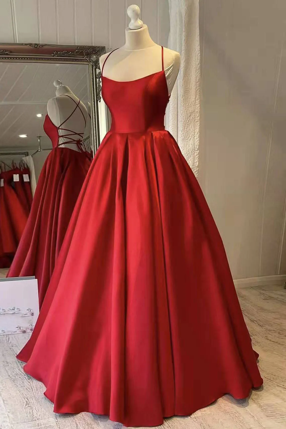 Red Satin Spaghetti Straps Long Prom Dress Puffy Princess Formal Gown