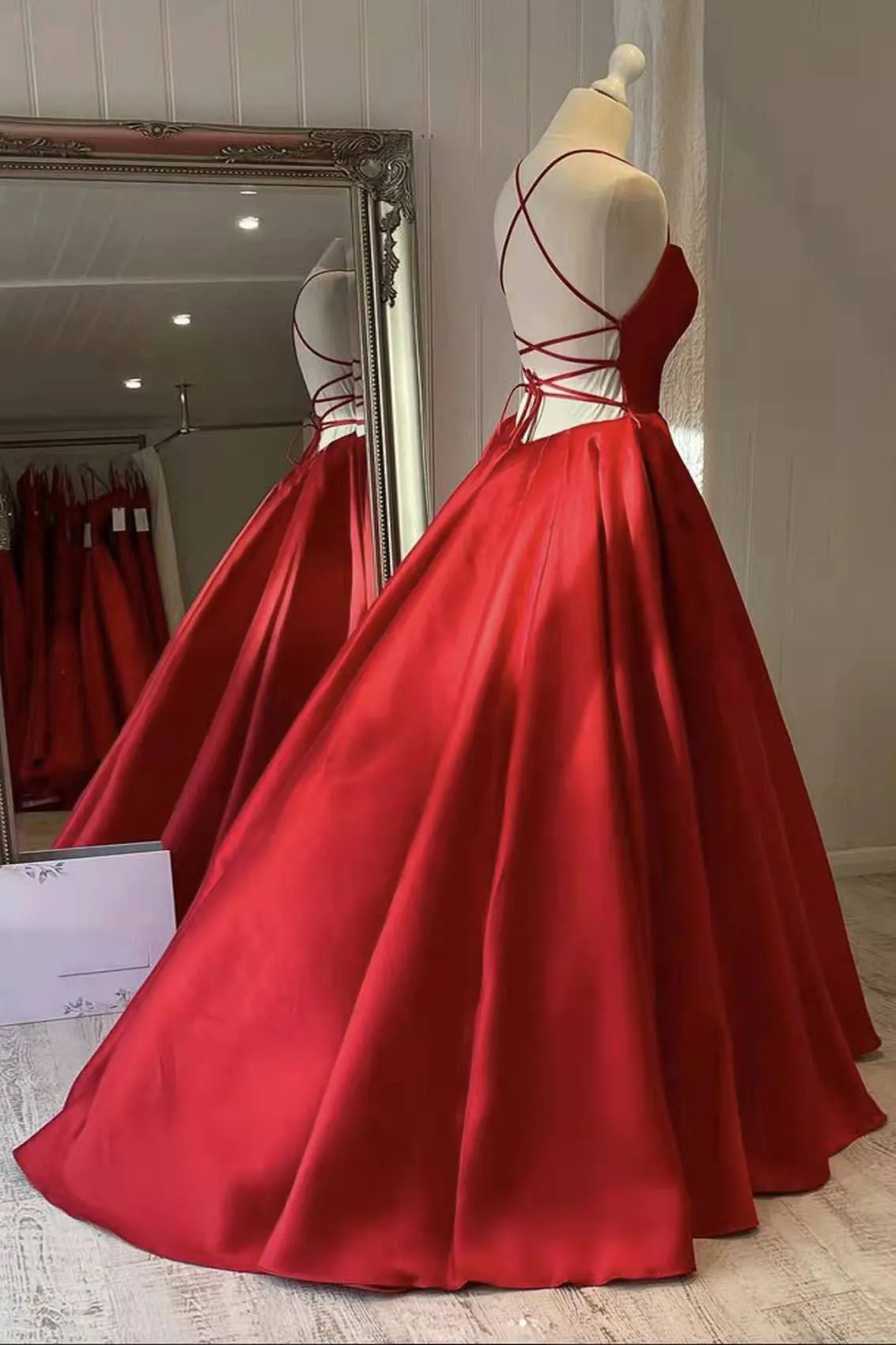 Red Satin Spaghetti Straps Long Prom Dress Puffy Princess Formal Gown