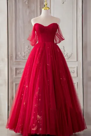 Red Tulle Long Prom Dresses A-Line Off the Shoulder Formal Dresses