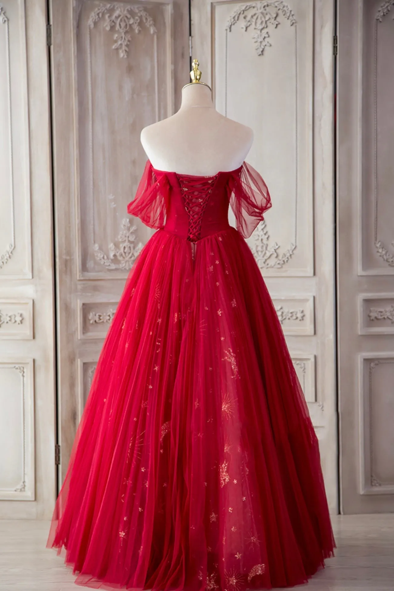 Red Tulle Long Prom Dresses A-Line Off the Shoulder Formal Dresses