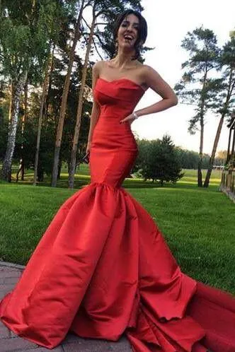 Satin Strapless Red Mermaid Dress for Prom with Open Back,Evening Dress