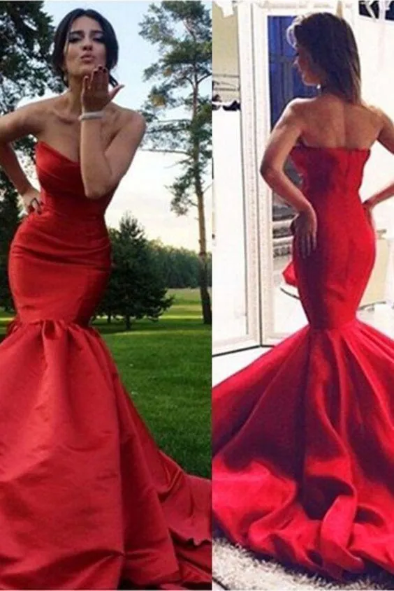 Satin Strapless Red Mermaid Dress for Prom with Open Back,Evening Dress