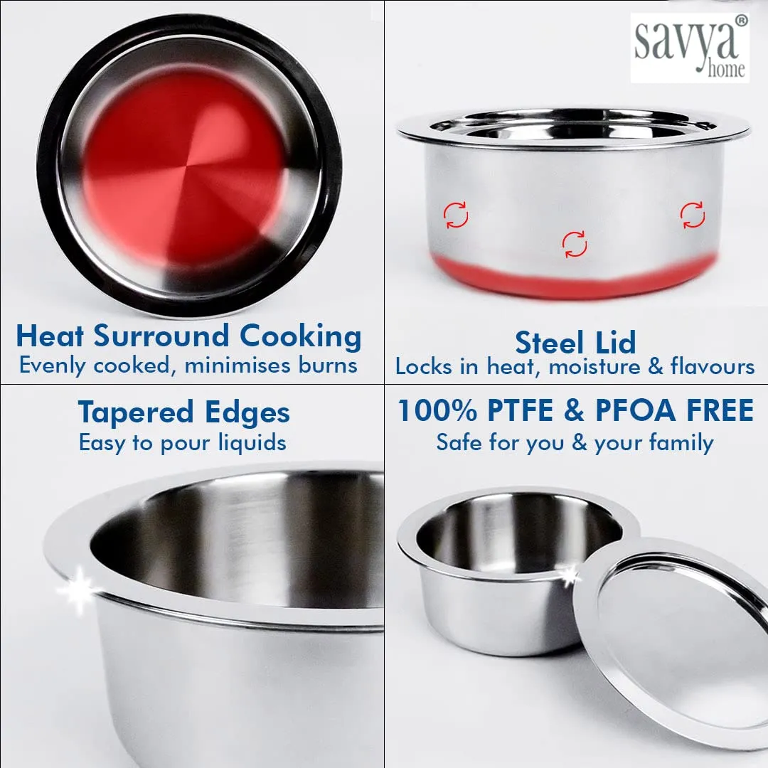 SAVYA HOME Triply Stainless Steel Tope (Patila) with Lid | Handi Casserole with lid | 2.1 L | 18 cm Diameter | 100% PTFE and PFOA Free | Gas Stove & Induction Cookware | Stainless Steel Cookware