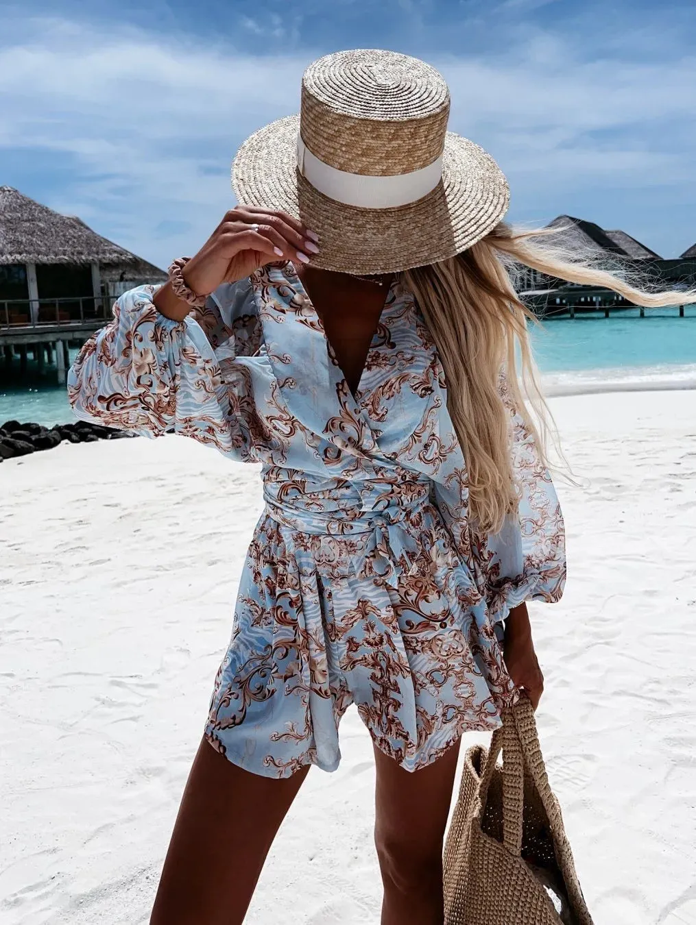 Sexy Deep V Neck Jumpsuit For Women Summer Casual Boho Beach Vacation Outfit Fashion Print Lantern Sleeve Rompers Shorts Women's