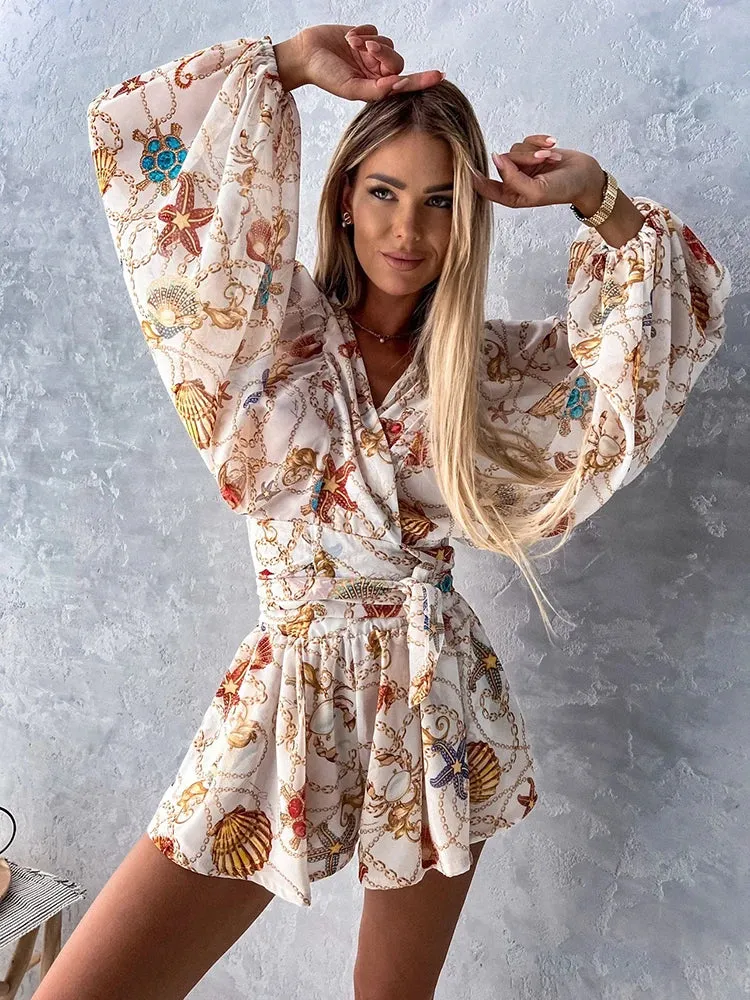 Sexy Deep V Neck Jumpsuit For Women Summer Casual Boho Beach Vacation Outfit Fashion Print Lantern Sleeve Rompers Shorts Women's