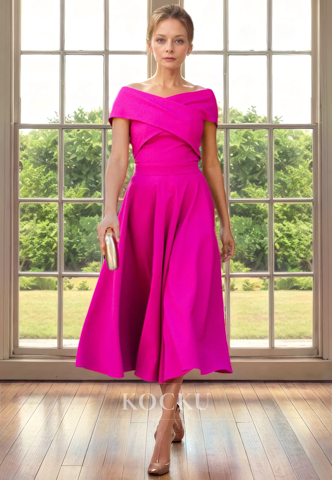 Simple & Casual Off-Shoulder A-Line Satin Cocktail Mother of the Bride Dress