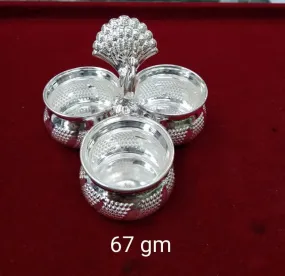 Small Size Silver Peacock Kumkum 3 Round Box for Haldi Karanda Kankavati 3 Round For Pooja Kumkum Box and Gifting, Temple Usage