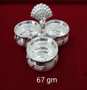 Small Size Silver Peacock Kumkum 3 Round Box for Haldi Kum Kum Karanda Kankavati, Temple Usage