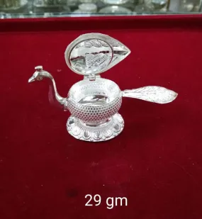 Small Size Sterling Silver Sindoor box, Kumkum Box, Holder/Bowl with Peacock Design for Pooja and Gifting, Temple Usage